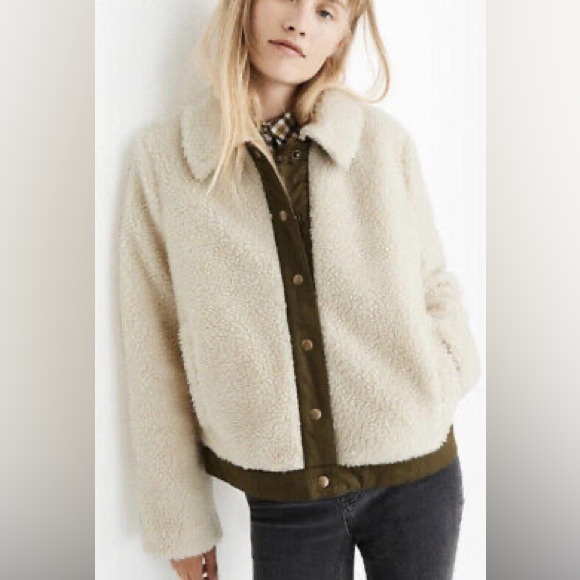 Madewell Jackets & Blazers - Madewell Cream Sherpa Jacket with Olive Trim